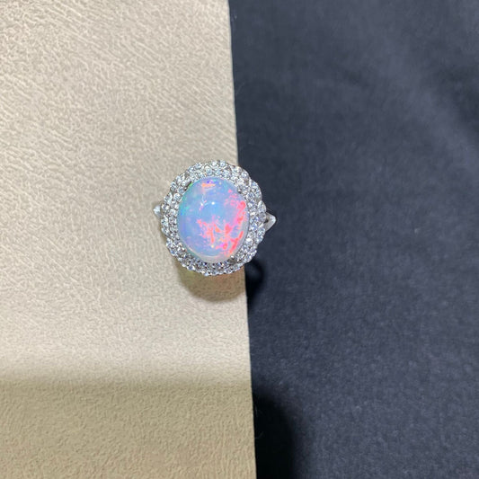 925 Sterling Silver High Dome Oval Opal Cabochon Halo Ring