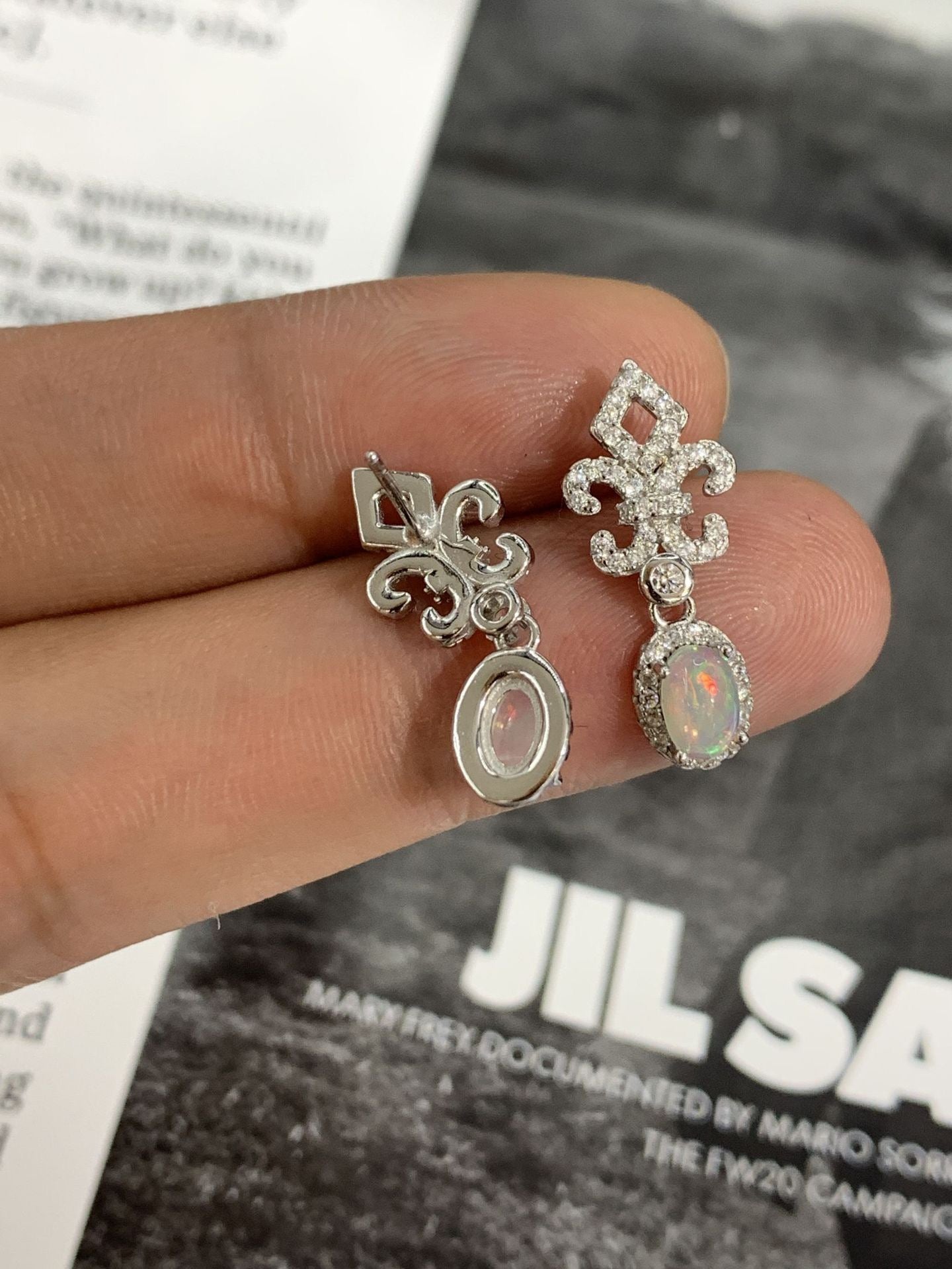Sterling Silver White Opal Fleur-De-Lis Halo Drop Earrings