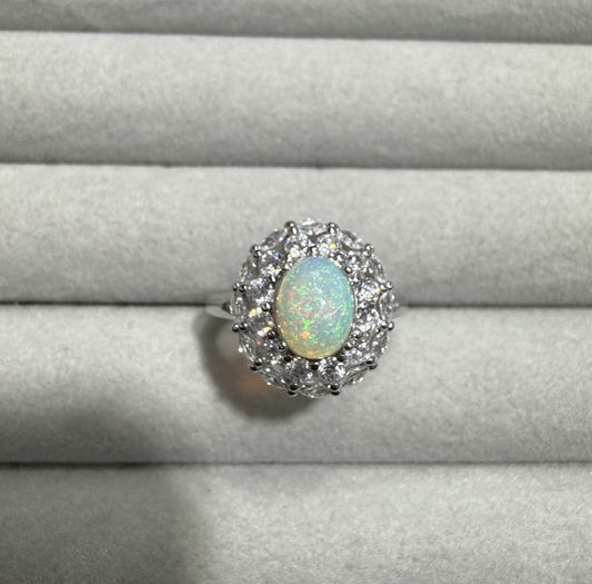925 Sterling Silver Opal Halo Statement Ring