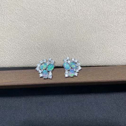 925 Sterling Silver Opal Cluster Floral Stud Earrings