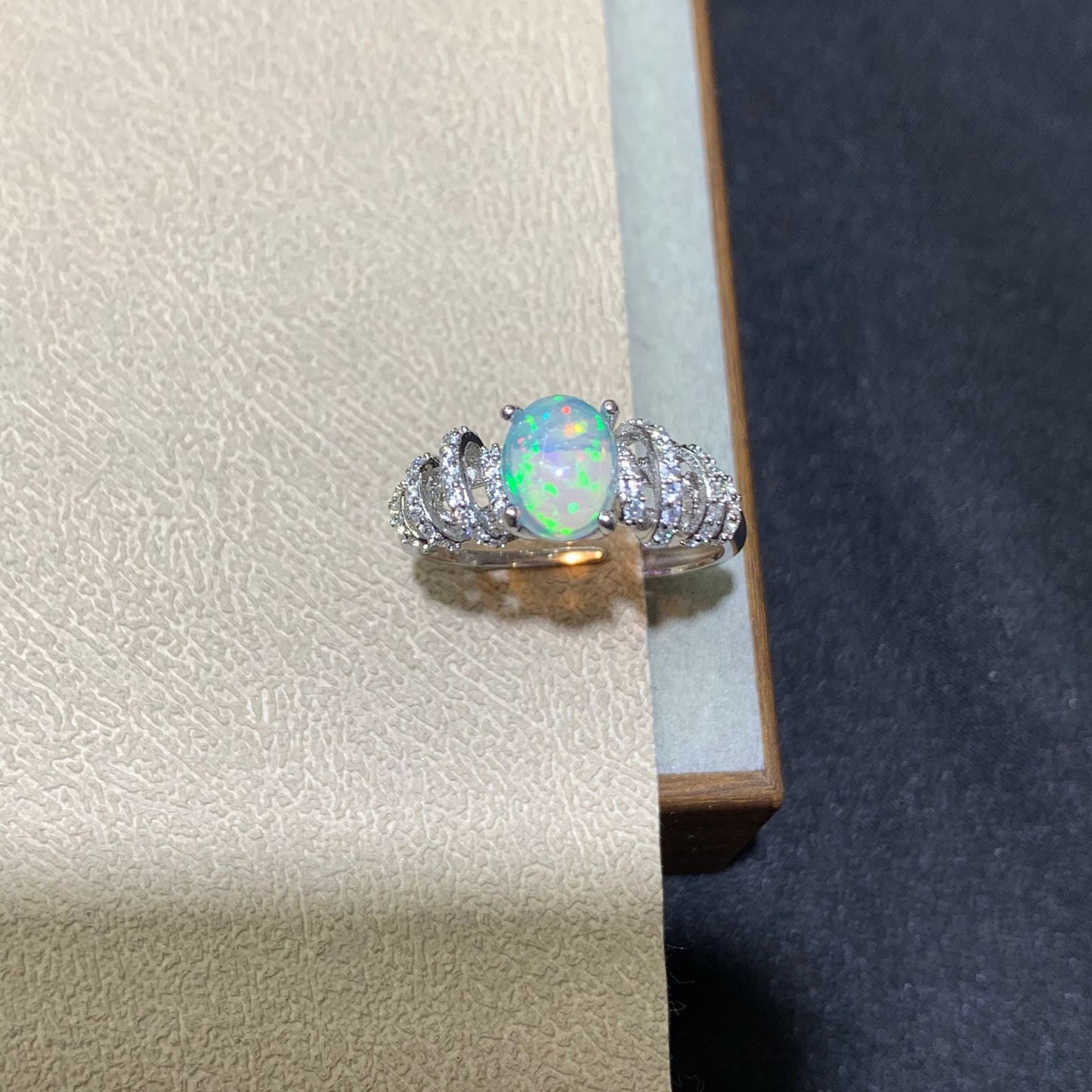 925 Sterling Silver White Opal Curved Paved Ring