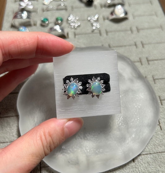 925 Sterling Silver Opal Sunburst Halo Ear Studs