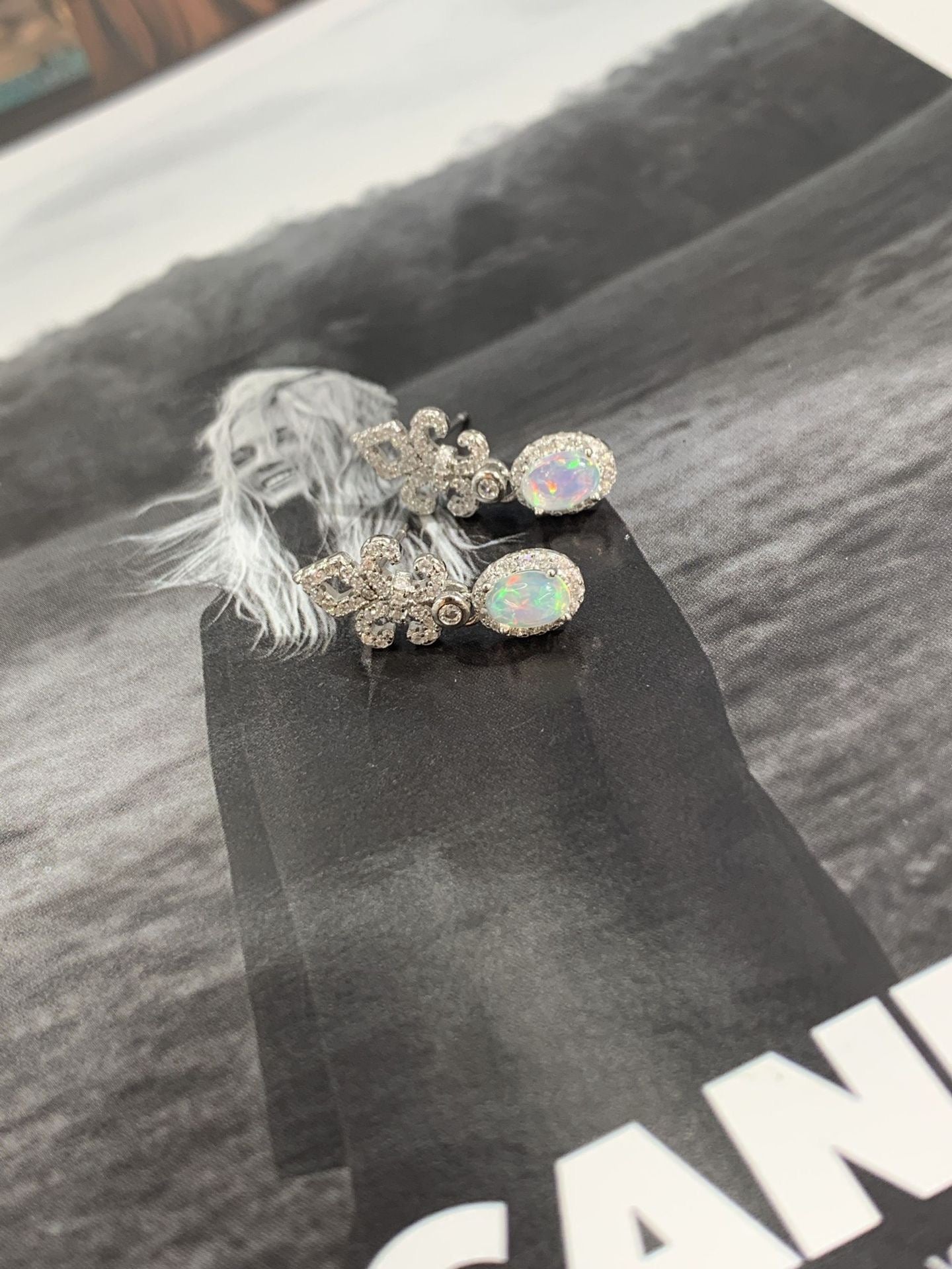 Sterling Silver White Opal Fleur-De-Lis Halo Drop Earrings