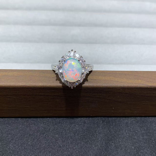 925 Sterling Silver High Dome Oval Opal Cabochon Halo Ring