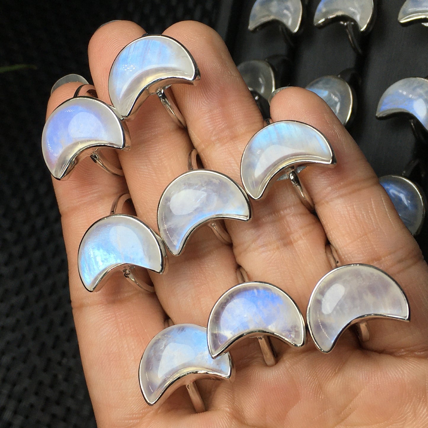 Sterling Silver Crescent Moon Blue Flash Moonstone Bezel Ring