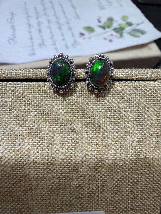 925 Sterling Silver Black Opal Stud Earrings