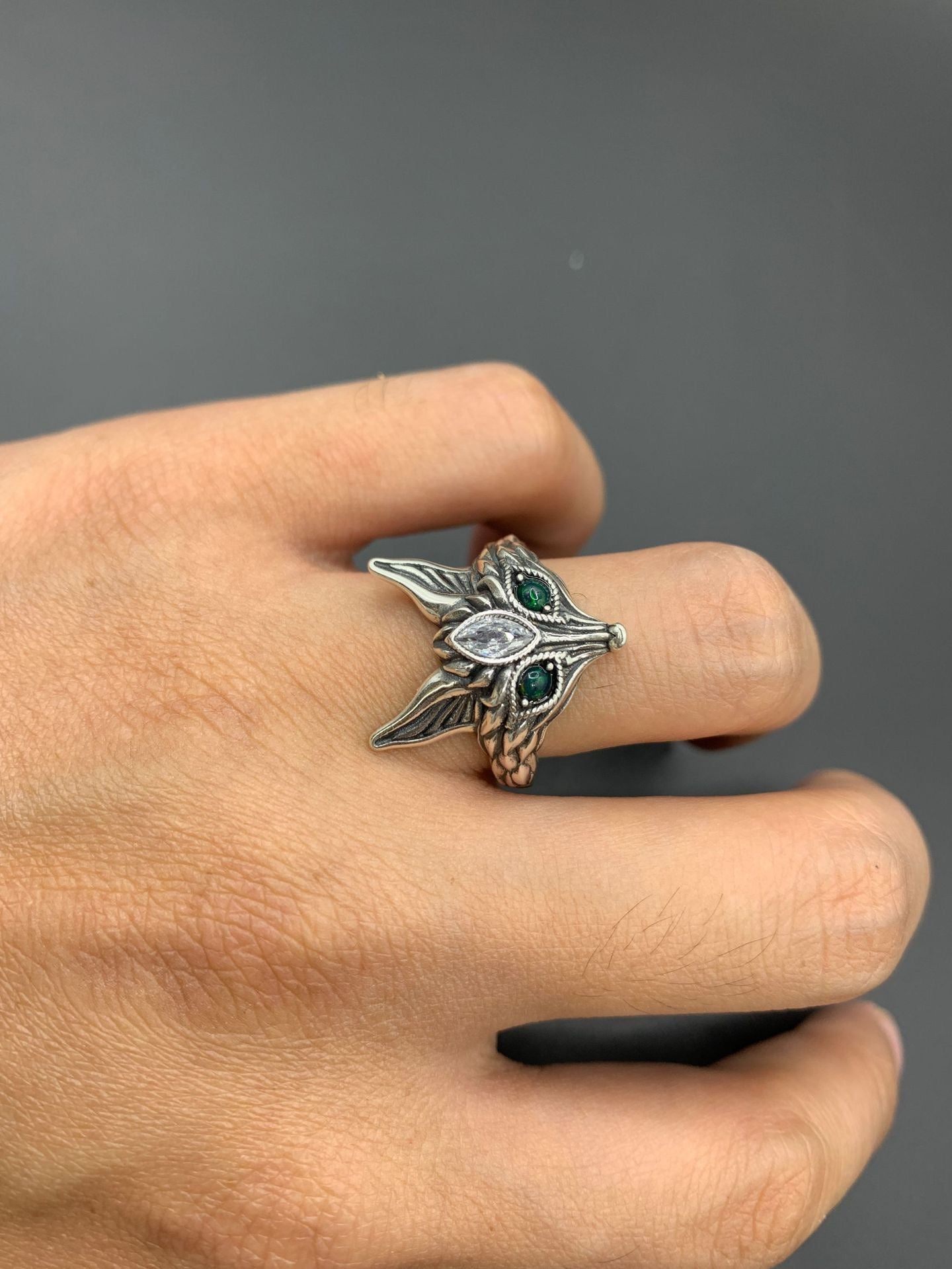925 Sterling Silver Black Opal Fox Open Ring