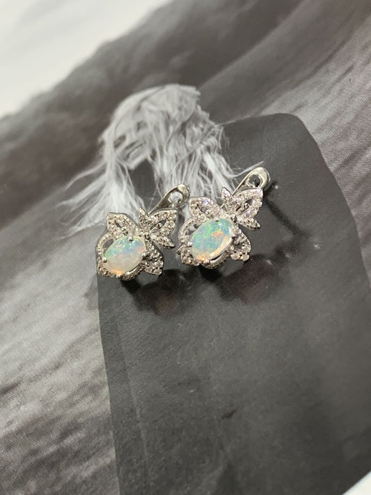 925 Sterling Silver Floral Halo Opal Huggie Hoop Earrings