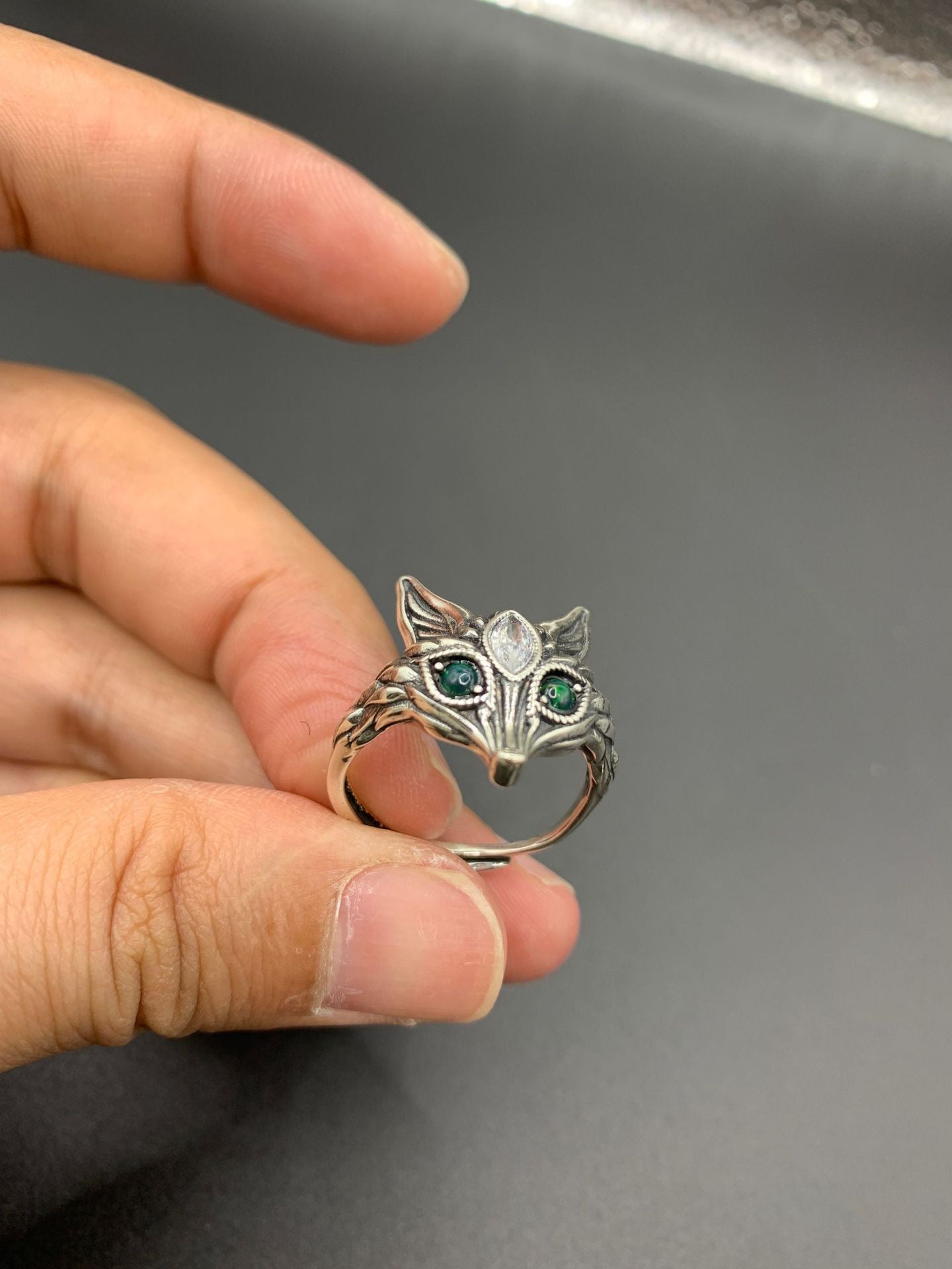 925 Sterling Silver Black Opal Fox Open Ring