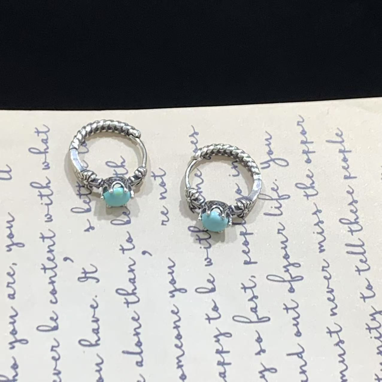 925 Sterling Silver Vintage Turquoise Huggie Hoop Earrings