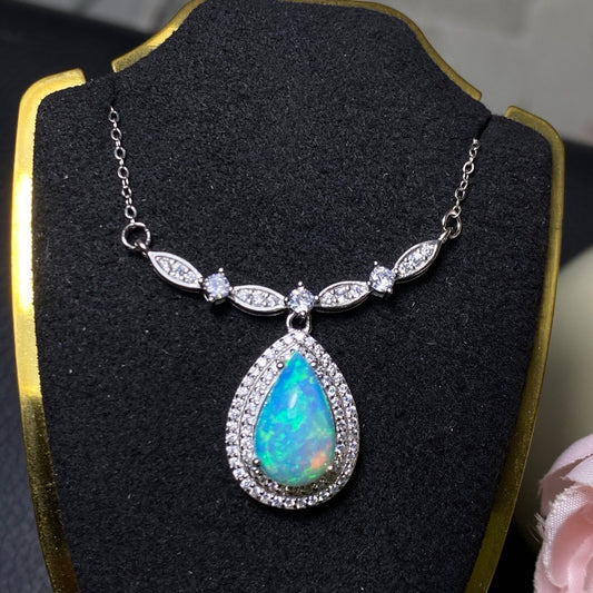 925 Sterling Silver Teardrop Double Halo Opal Necklace