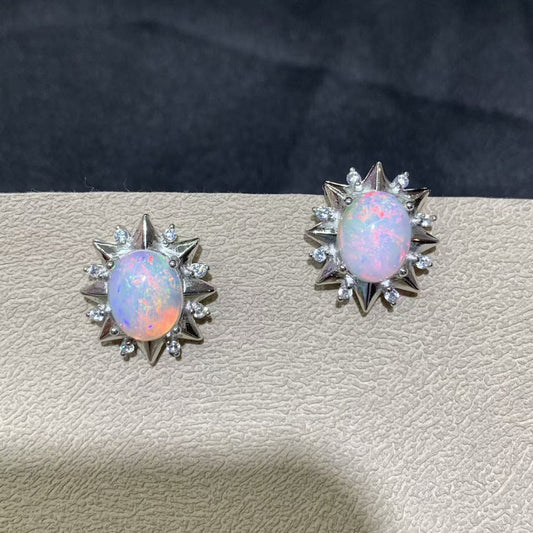 925 Sterling Silver Sunburst Halo White Opal Stud Earrings