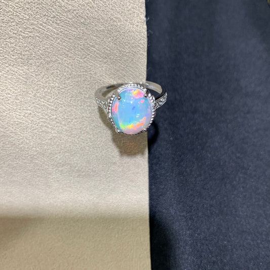 925 Sterling Silver High Dome Oval Opal Cabochon Halo Ring