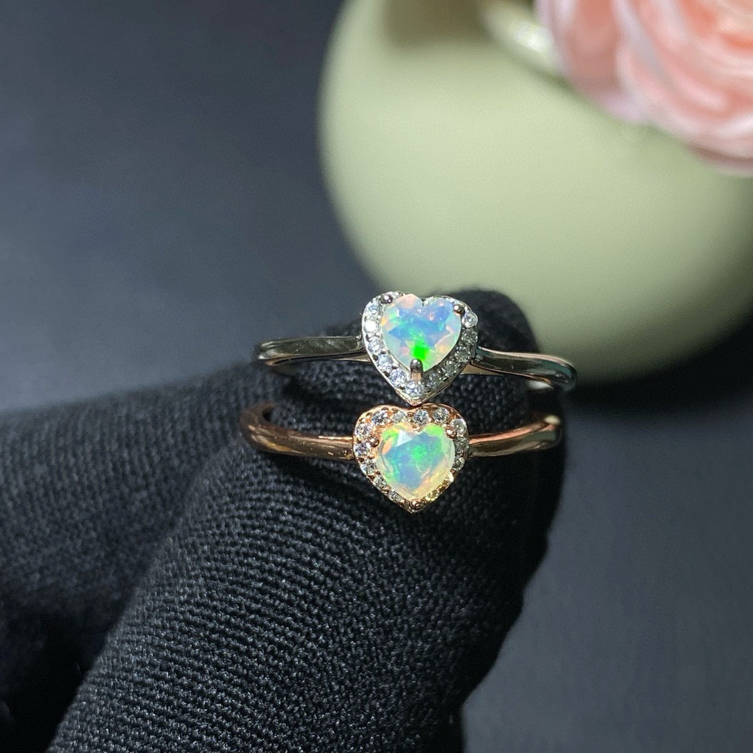 925 Rose Gold Sterling Silver Heart Opal Stackable Heart Halo Open Ring
