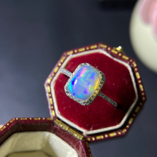 925 Sterling Silver White Opal Square Halo Open Ring