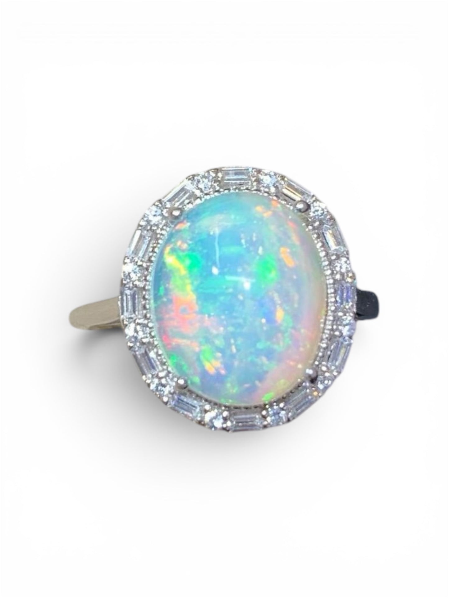 925 Sterling Silver Oval Rainbow Fire Opal Halo Ring