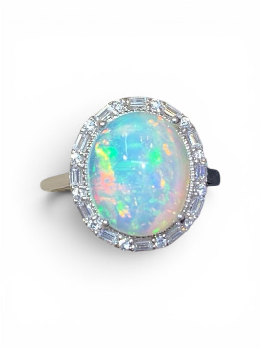 925 Sterling Silver Oval Rainbow Fire Opal Halo Ring