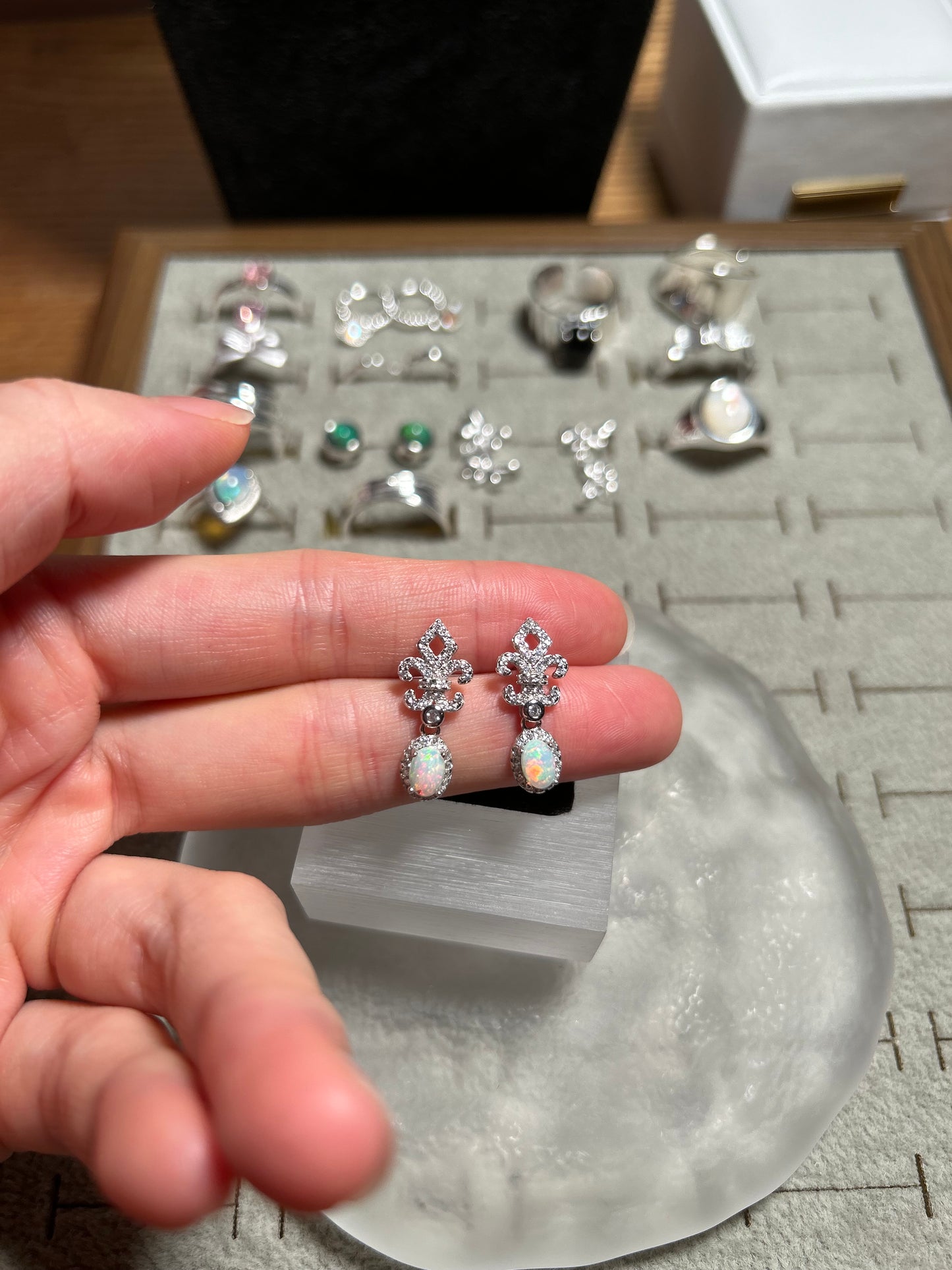 Sterling Silver White Opal Fleur-De-Lis Halo Drop Earrings