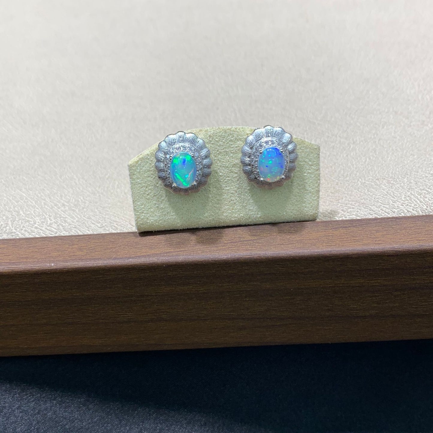 925 Sterling Silver Opal Matte Scallop Frame Stud Earrings