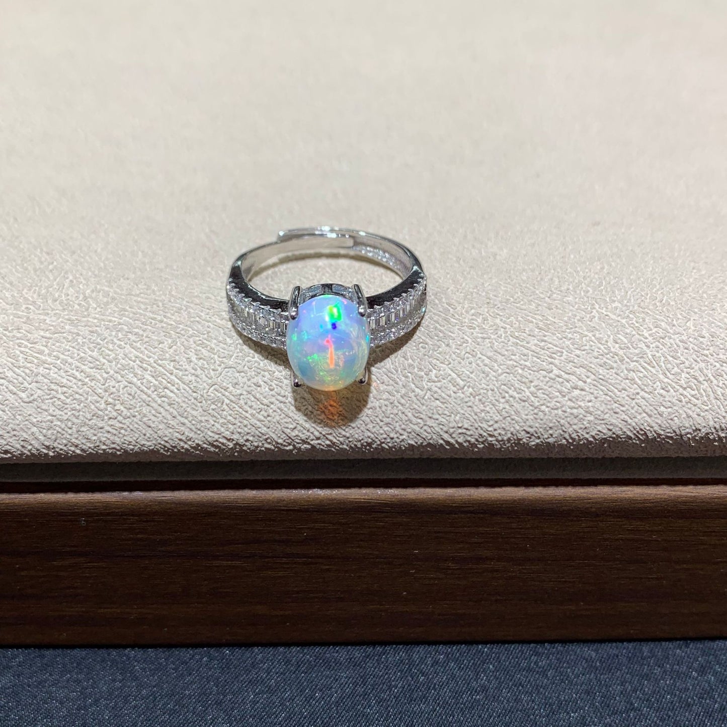 925 Sterling Silver Opal Baguette Double Row Open Ring