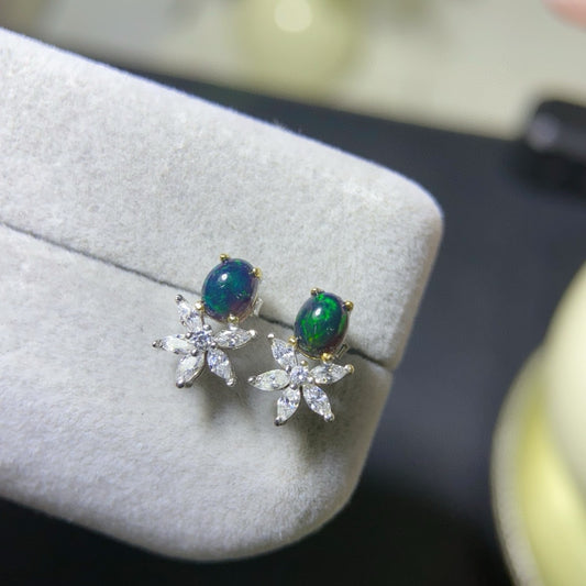 925 Sterling Silver Black Opal Star Flower Stud Earrings
