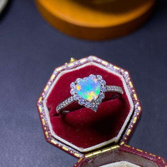 925 Sterling Silver Heart Opal Stackable Heart Halo Open Ring