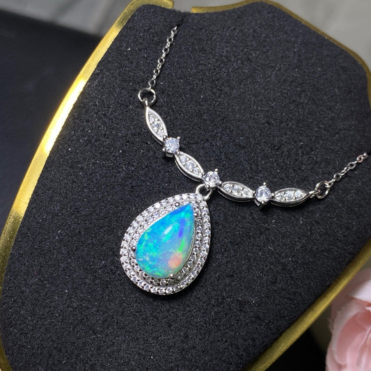925 Sterling Silver Teardrop Double Halo Opal Necklace