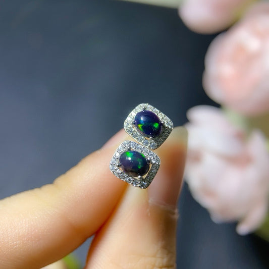 925 Sterling Silver Cushion Halo Square Black Opal Stud Earrings