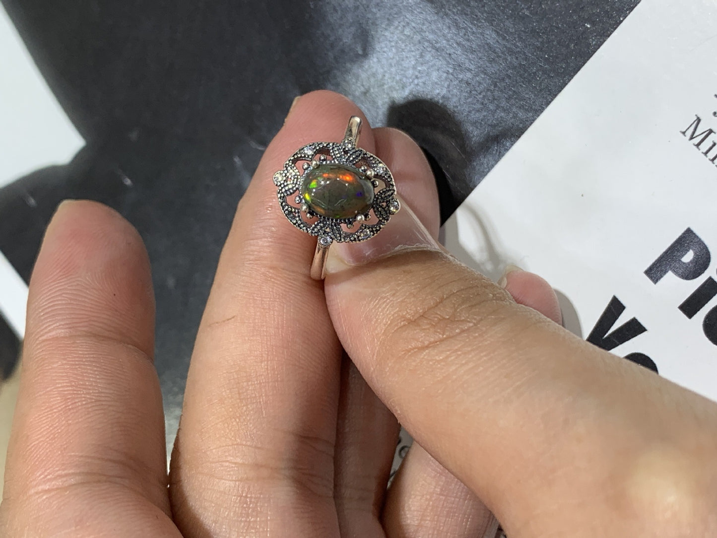 925 Sterling Silver Black Opal Antique Filigree Ring
