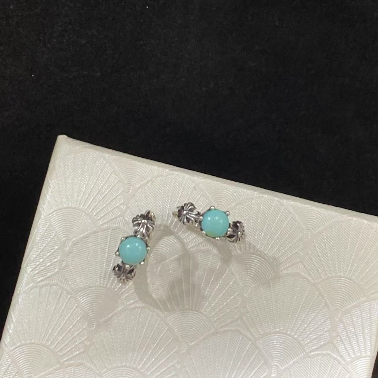 925 Sterling Silver Vintage Turquoise Huggie Hoop Earrings