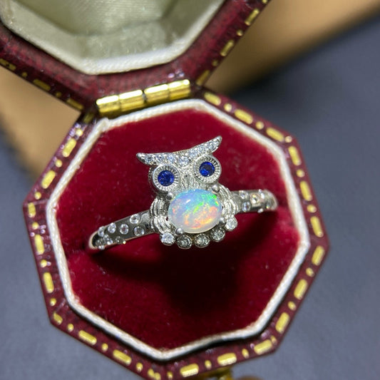 925 Sterling Silver White Opal Owl Open Ring