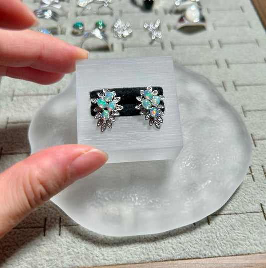 925 Sterling Silver Opal Leaf Cluster Stud Earrings