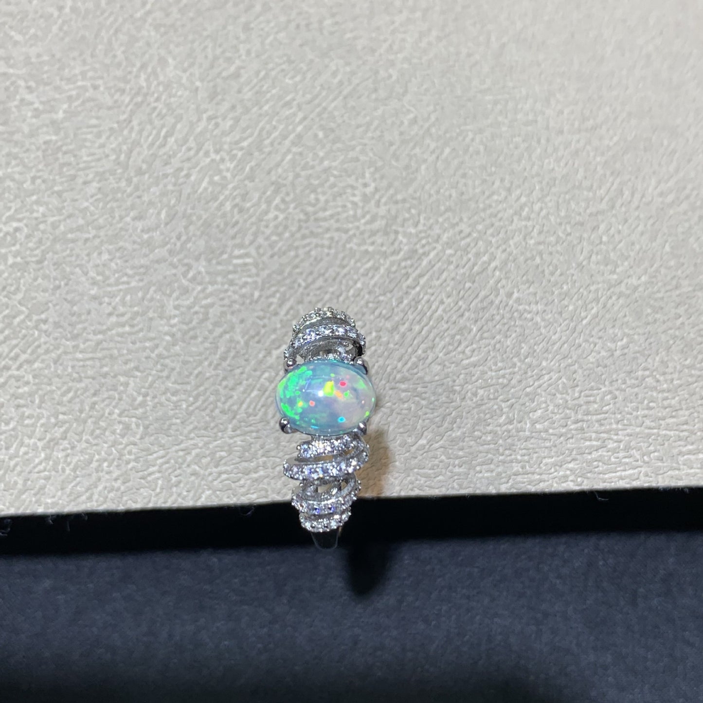 925 Sterling Silver White Opal Curved Paved Ring