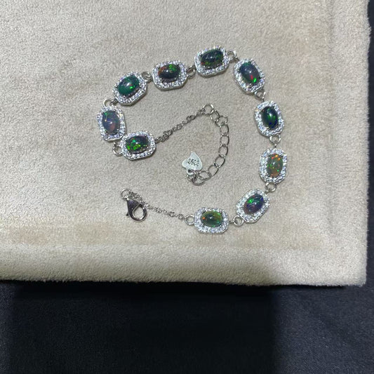 925 Sterling Silver Halo Black Opal Bracelet
