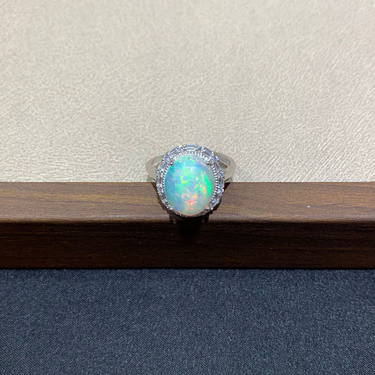 925 Sterling Silver Oval Rainbow Fire Opal Halo Ring