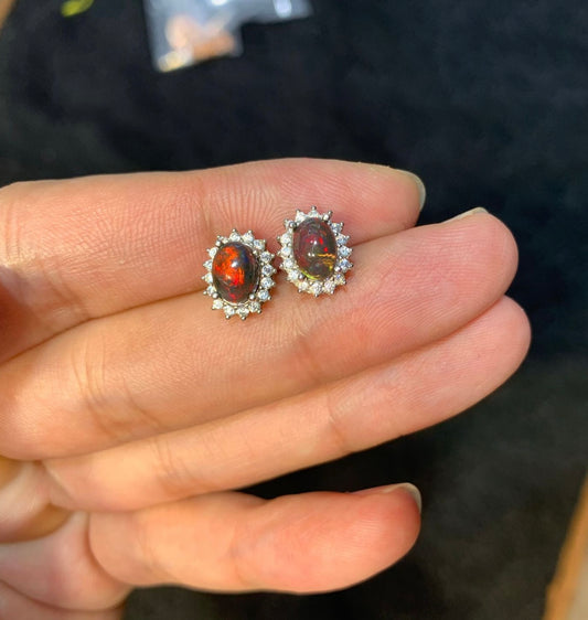 Sterling Silver Black Opal Halo Stud Earrings