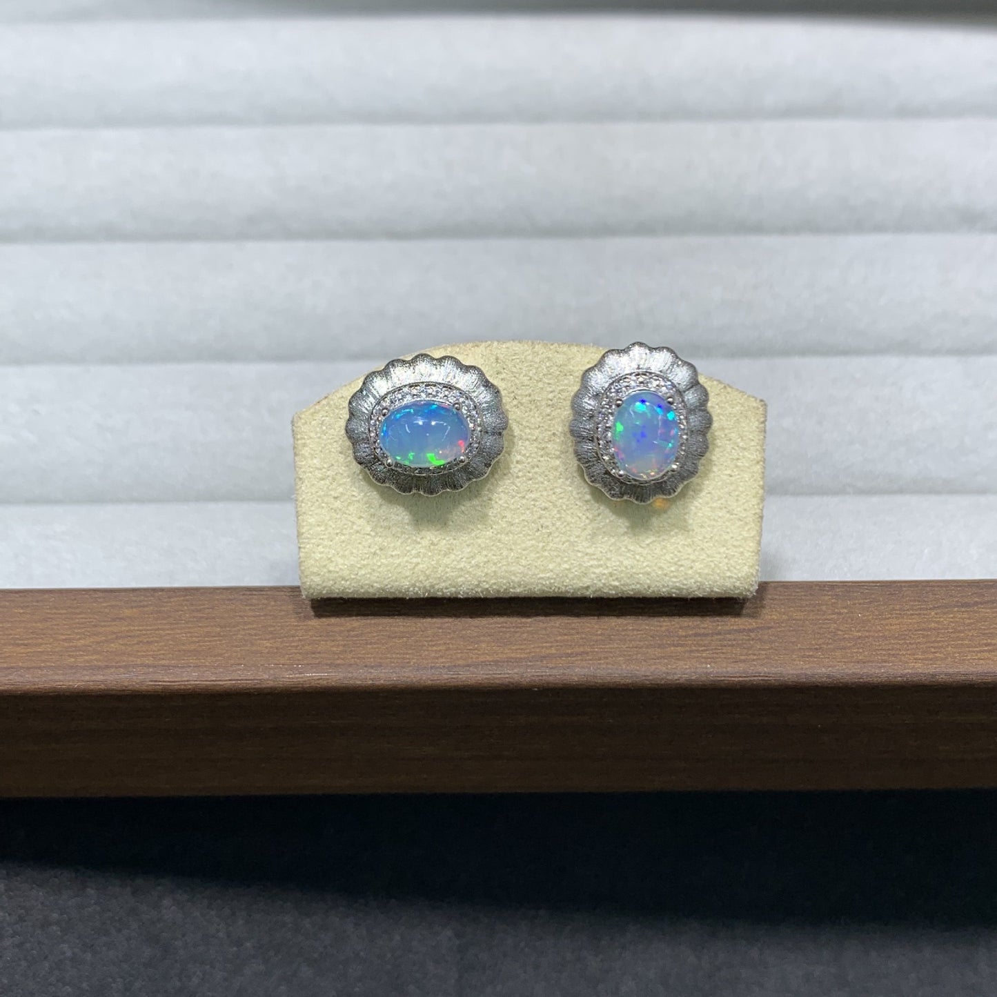 925 Sterling Silver Opal Matte Scallop Frame Stud Earrings