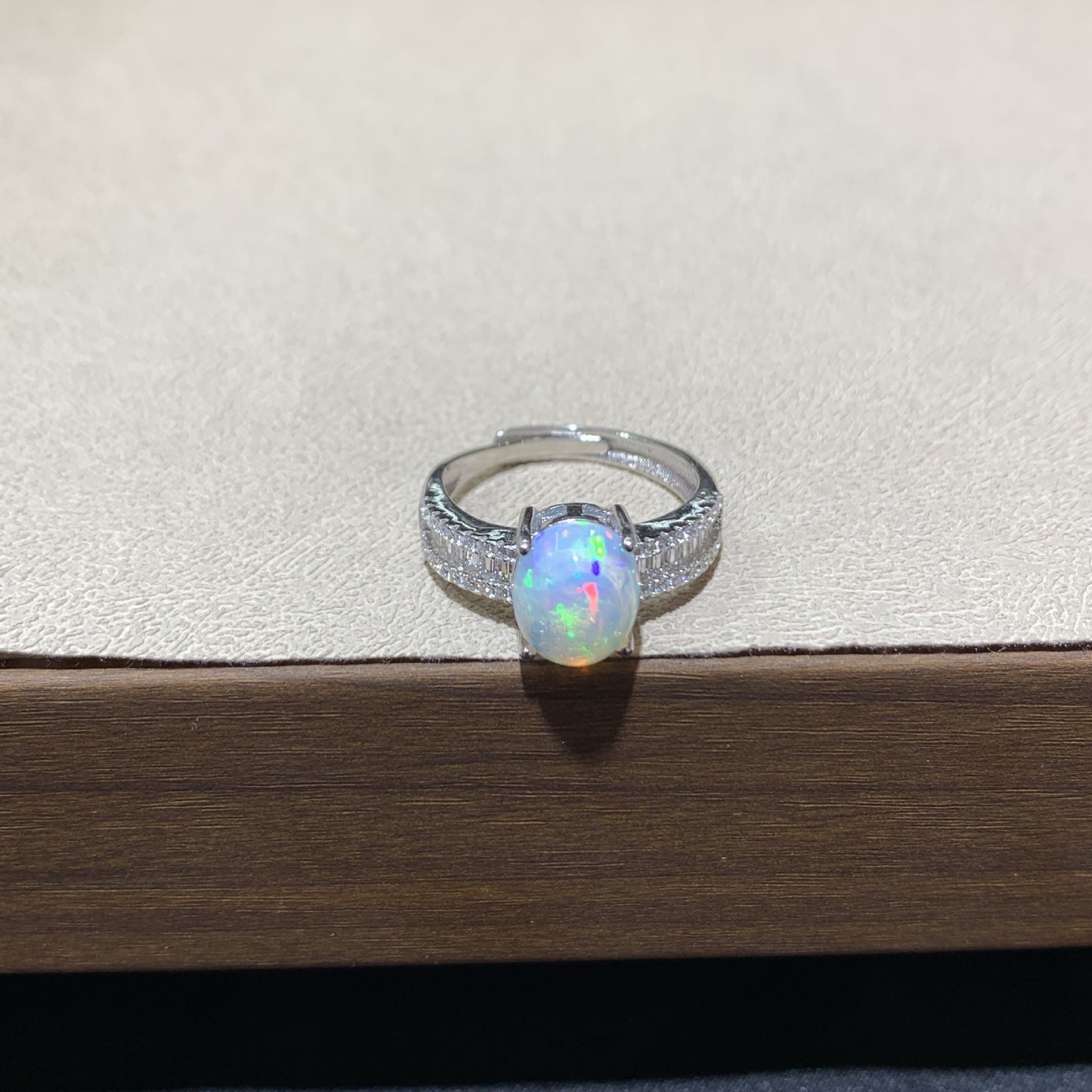 925 Sterling Silver Opal Baguette Double Row Open Ring