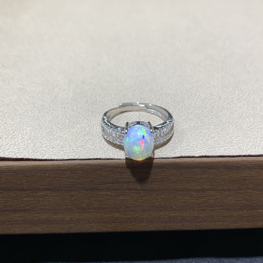 925 Sterling Silver Opal Baguette Double Row Open Ring