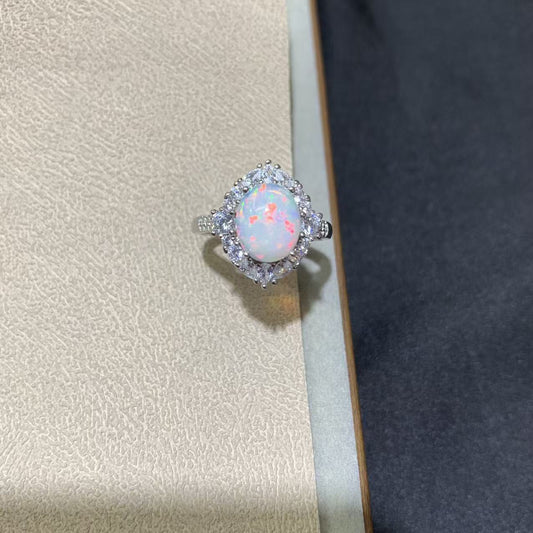 925 Sterling Silver High Dome Oval Opal Cabochon Halo Ring