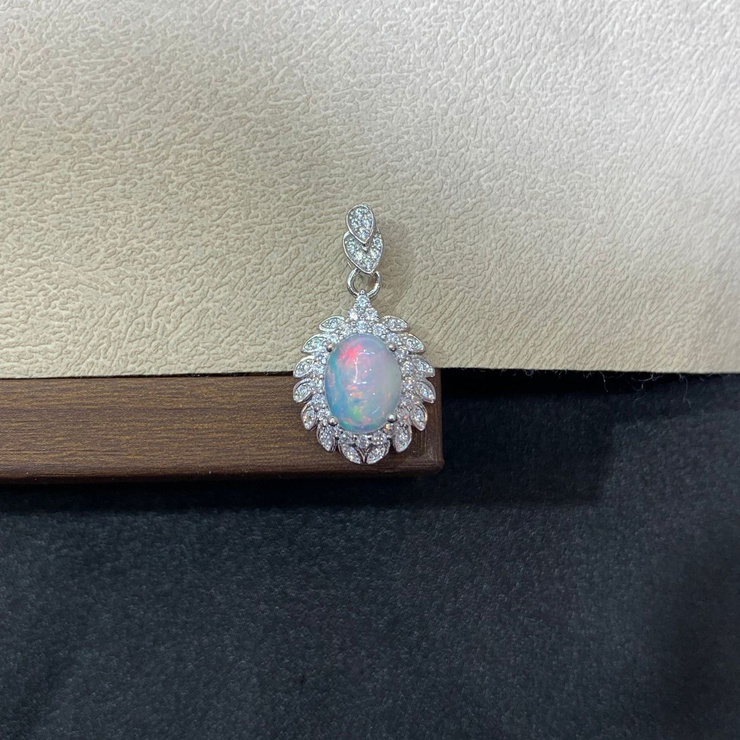 925 Sterling Silver Oval Opal Cabochon Halo Charm Pendant
