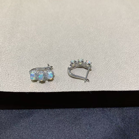 925 Sterling Silver White Opal Huggie Hoop Earrings