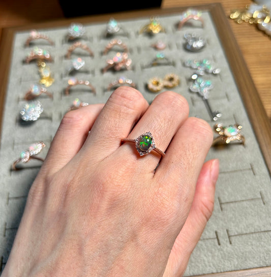 925 Rose Gold Sterling Silver Black Opal North Star Halo Open Ring