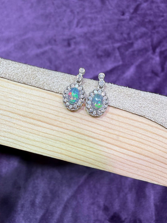 Sterling Silver Opal Halo Drop Earrings