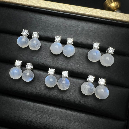 Sterling Silver Round Moonstone Drop Stud Earrings