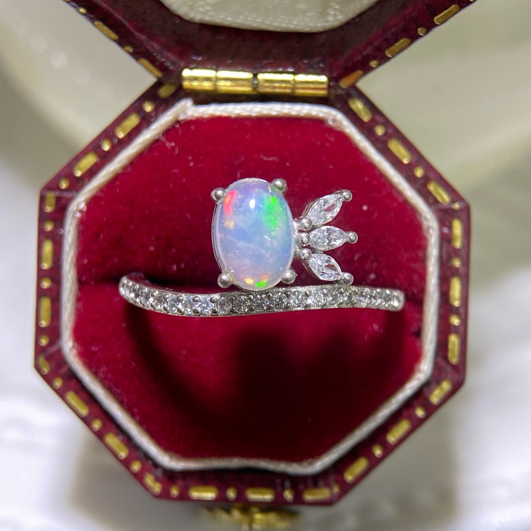 925 Sterling Silver White Opal Paved Band Stackable Open Ring