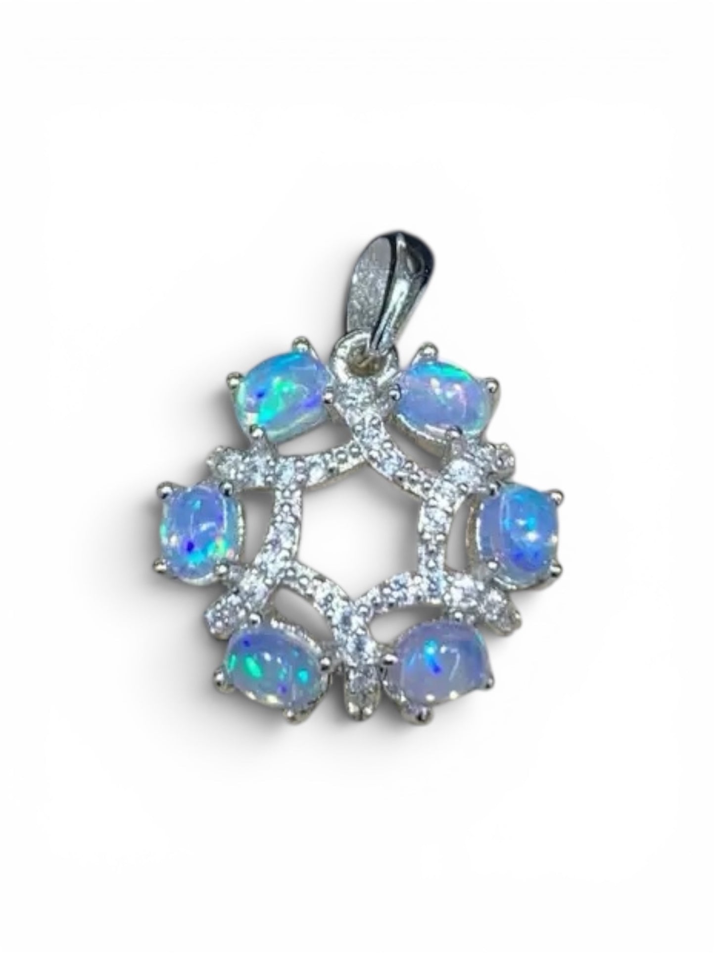 925 Sterling Silver Opal Hexagram Star Wreath Paved Pendant