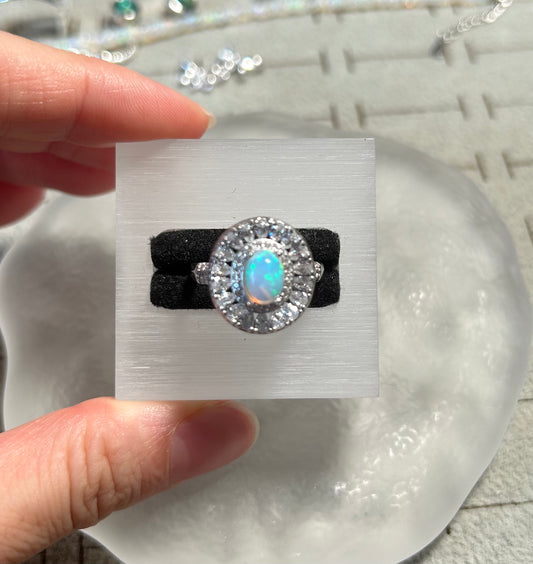 925 Sterling Silver Opal Halo Statement Ring