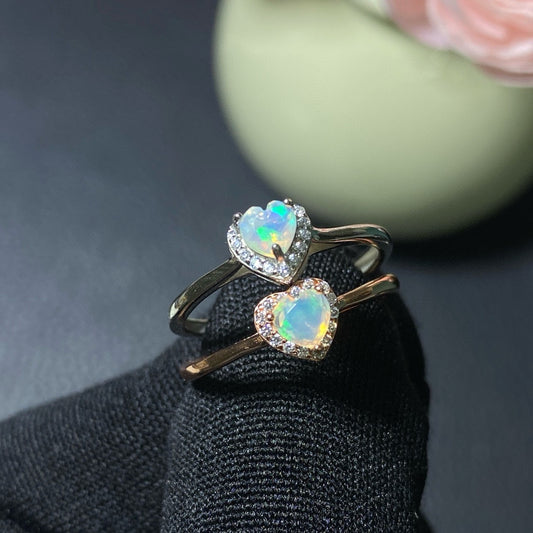 925 Rose Gold Sterling Silver Heart Opal Stackable Heart Halo Open Ring