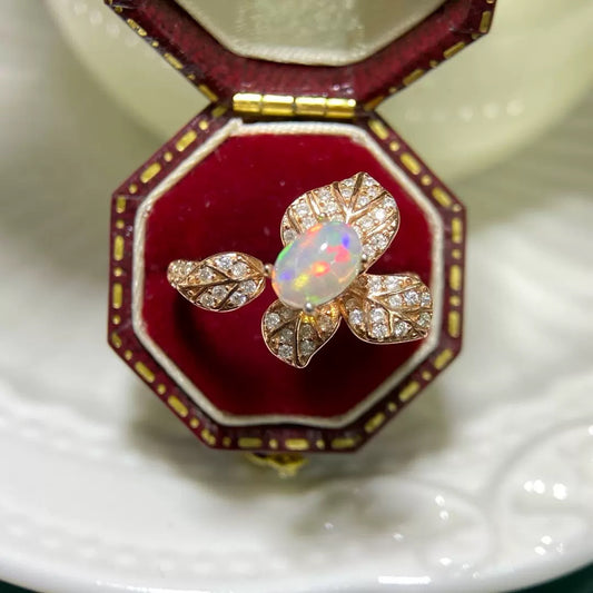 925 Sterling Silver Rose Gold Opal Leaf Open Ring